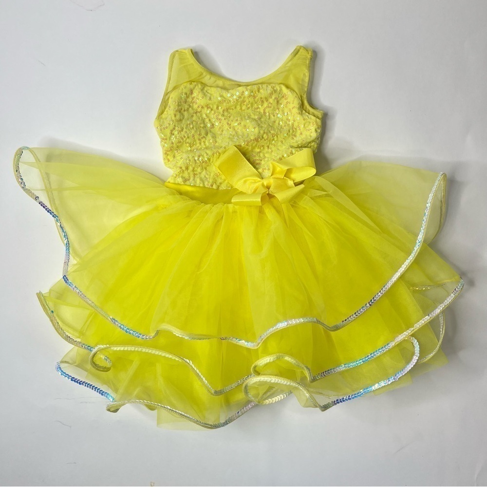 WEISSMAN Neon Yellow Sequin Bow Mesh Tanktop Ruffle Tutu Ballet Dance Costume